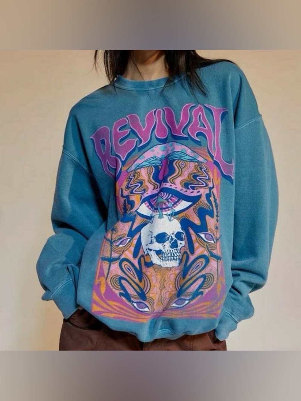 Project Social T Teal Crewneck with Multicolor Psychedelic Skull Graphic